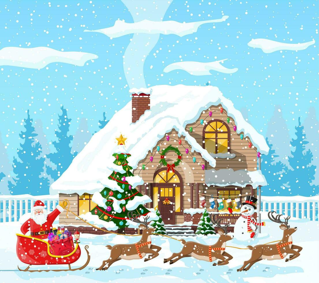 förorts hus täckt snö. byggnad i Semester prydnad. jul landskap träd, snögubbe, santa släde renar. ny år dekoration. glad jul Semester xmas firande. vektor illustration