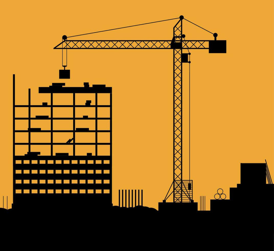 Konstruktion Seite? ˅ mit Gebäude und Kräne. Wolkenkratzer unter Konstruktion. Vektor Illustration auf Orange Hintergrund
