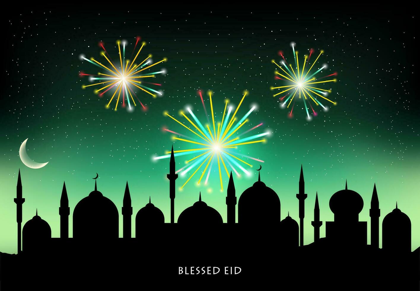 Muslim Gemeinschaft Festival eid Mubarak Feier mit Moschee Silhouette auf Feuerwerk dekoriert Nacht Hintergrund. vektor