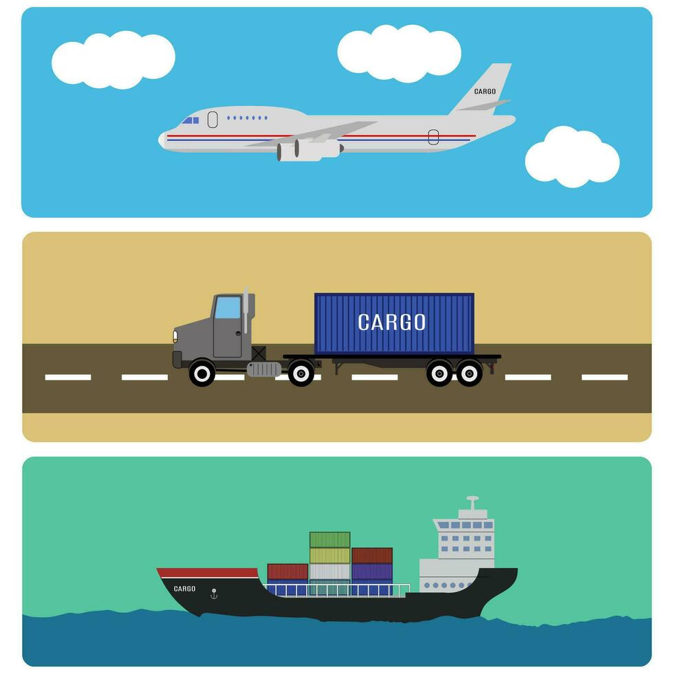 Sendung und Ladung Infografiken Elemente. Luft, Schiff, und LKW Transport vektor