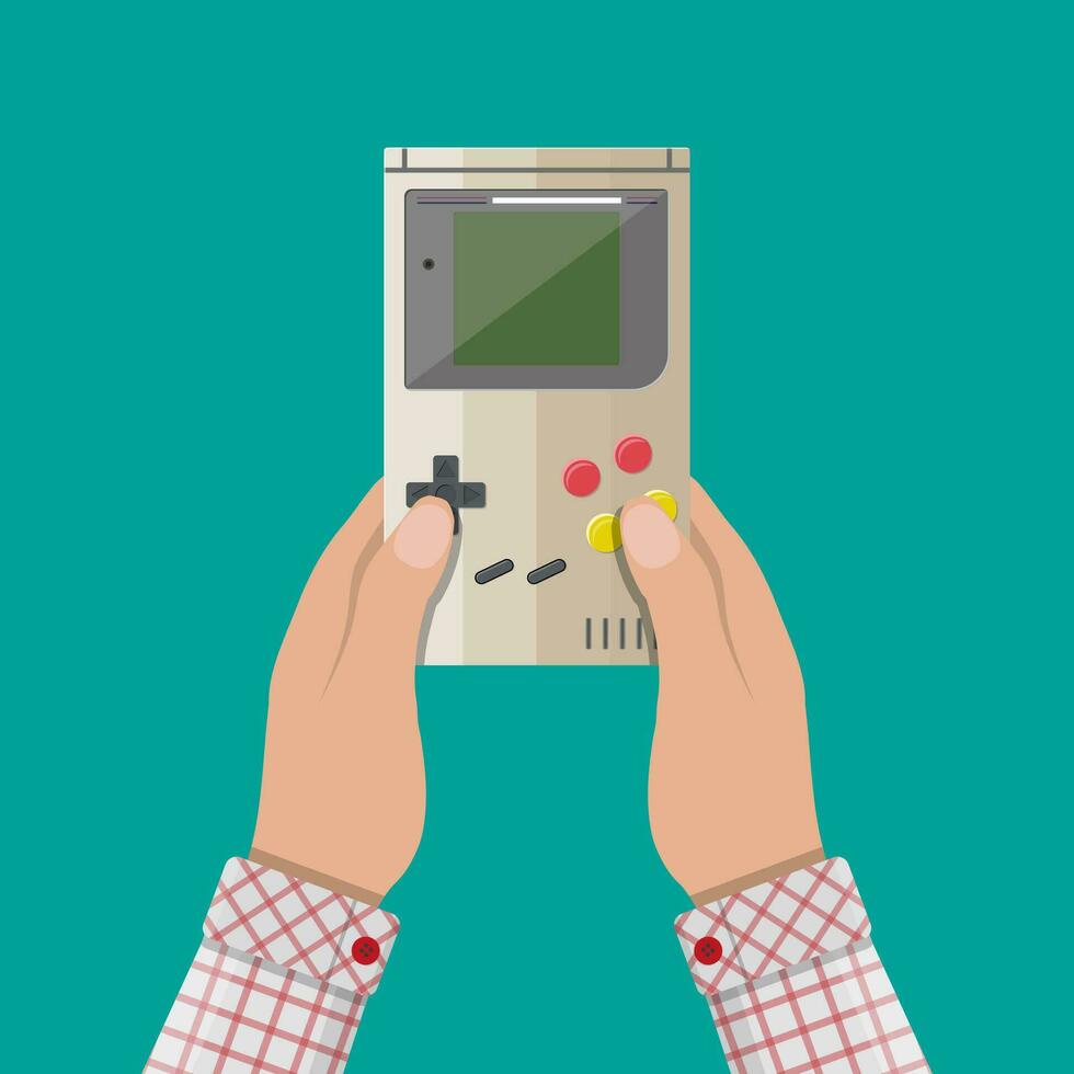 Hände hält alt retro Spiel Hand Konsole Gerät. Handheld. Vektor Illustration im eben Design