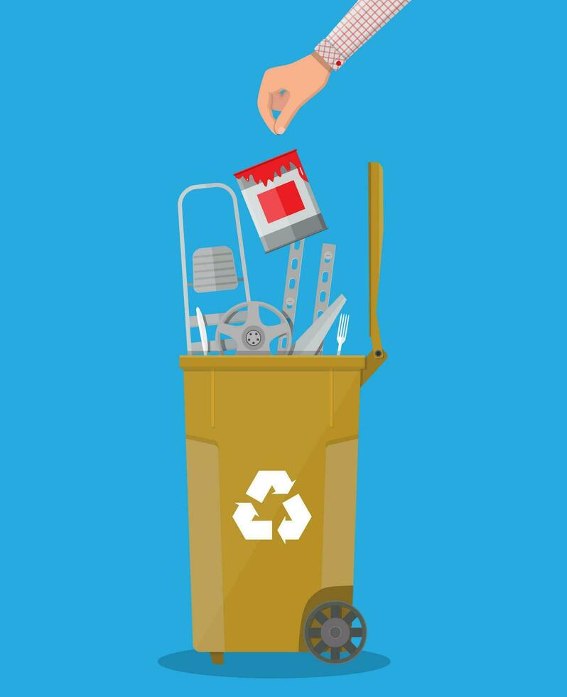 Müll recyceln Behälter Container zum Müll voll von Metall und Stahl Dinge. Behälter zum Metall. Vektor Illustration im eben Design