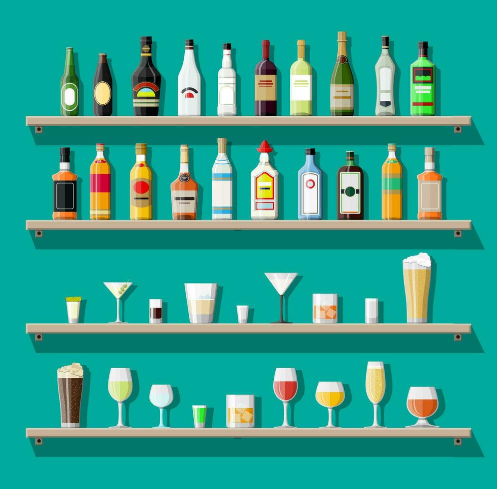 alkohol drycker samling. flaskor med glasögon. vodka champagne vin whisky öl brandy tequila cognac sprit vermouth gin rom absinthe sambuca cider bourbon. vektor illustration i platt stil.