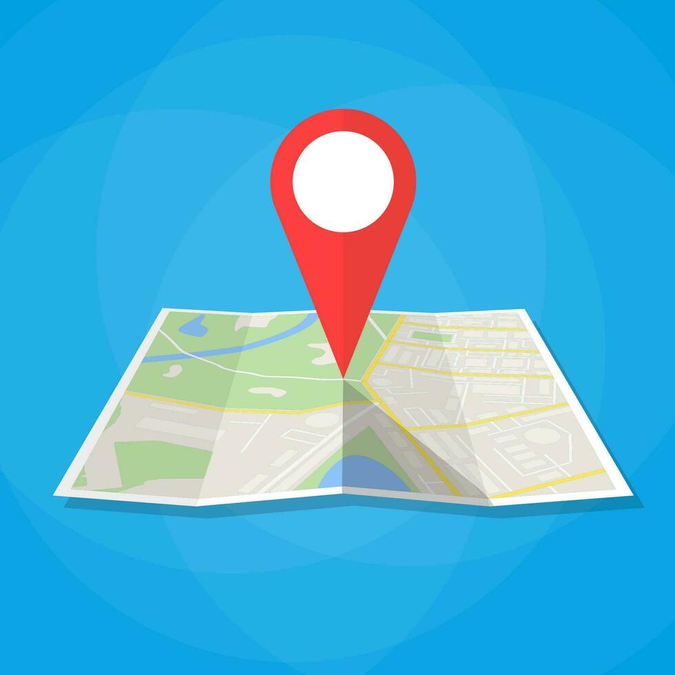 Navigation Geolokalisierung Symbol. gefaltet Papier Stadt Karte mit rot Stift, Vektor Illustration im eben Design auf Blau Hintergrund