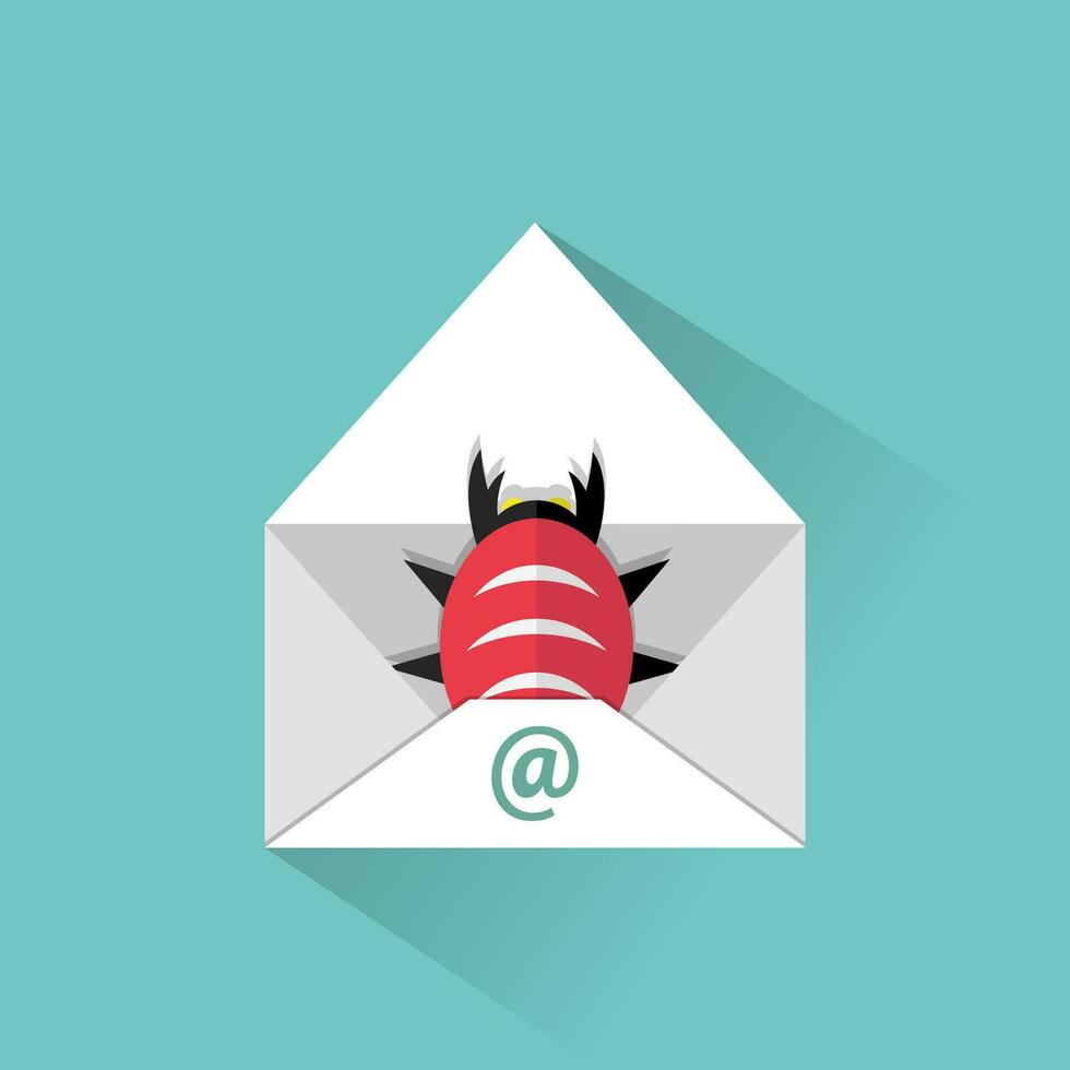 smittad e-post ikon. öppnad post och virus skadliga program insekt inuti. vektor illustration i platt design på grön bakgrund