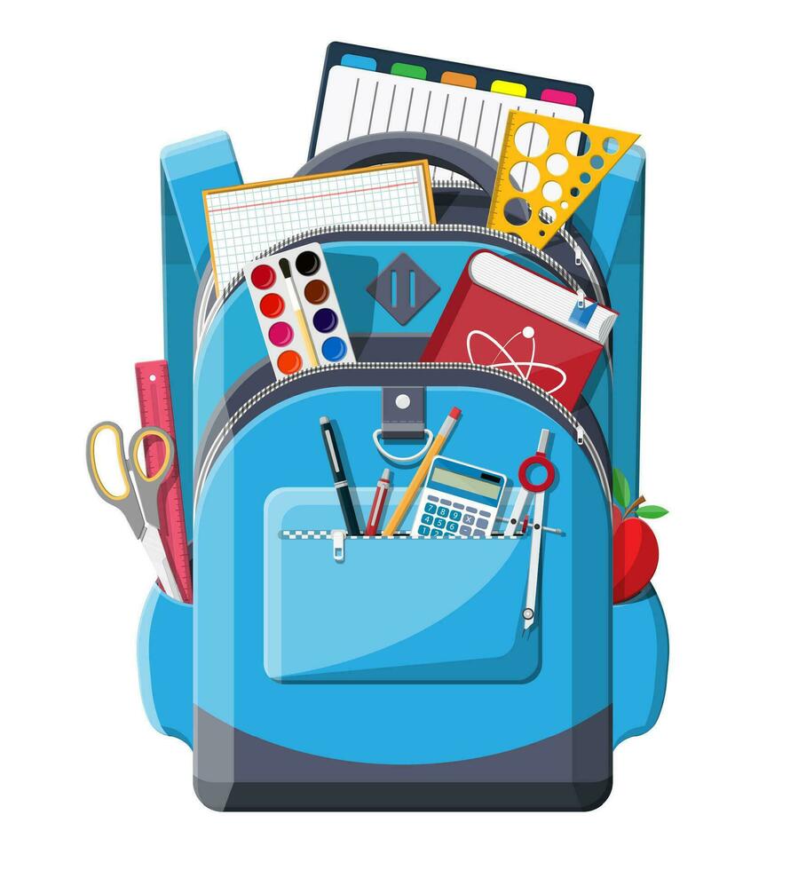 zurück zu Schule Konzept. Schule liefert im Rucksack. Bücher, malen, Apfel, Taschenrechner, Stift, Bleistift, Herrscher. Bildung und Studie Lernen. Vektor Illustration im eben Stil