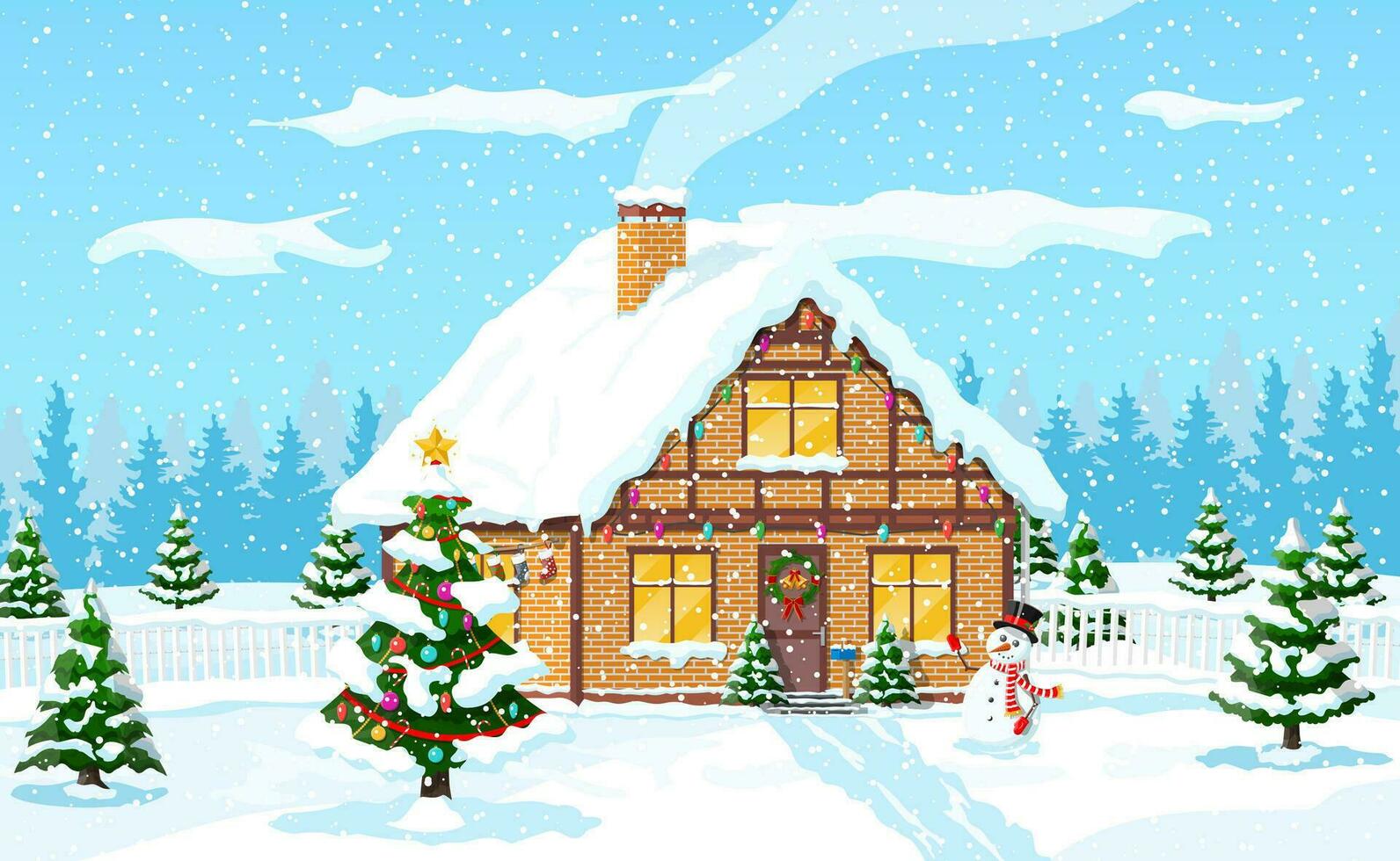 förorts hus täckt snö. byggnad i Semester prydnad. jul landskap träd gran, snögubbe. Lycklig ny år dekoration. glad jul Semester. ny år xmas firande. vektor illustration