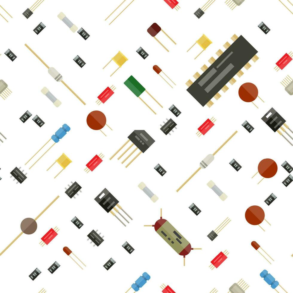 sömlös elektronisk komponenter mönster. krets uppsättning. transistor, motstånd, kondensator, led och chip. vektor illustration i platt stil