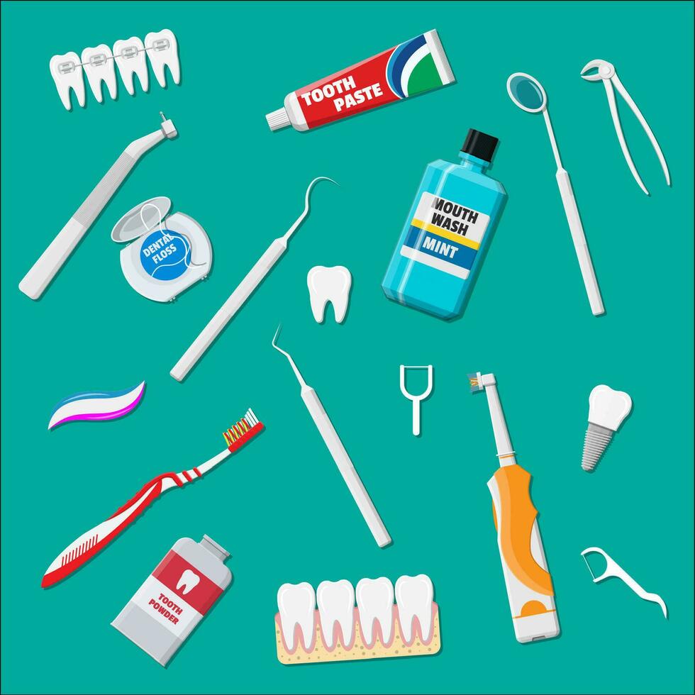 Dental Reinigung Werkzeug. Oral Pflege und Hygiene Produkte. Zahnbürste, Zahnpasta, Mundwasser, Zunge Bürste, Pulver, Zunge Schaber und Dental Zahnseide. Bürsten Zähne. Vektor Illustration im eben Stil