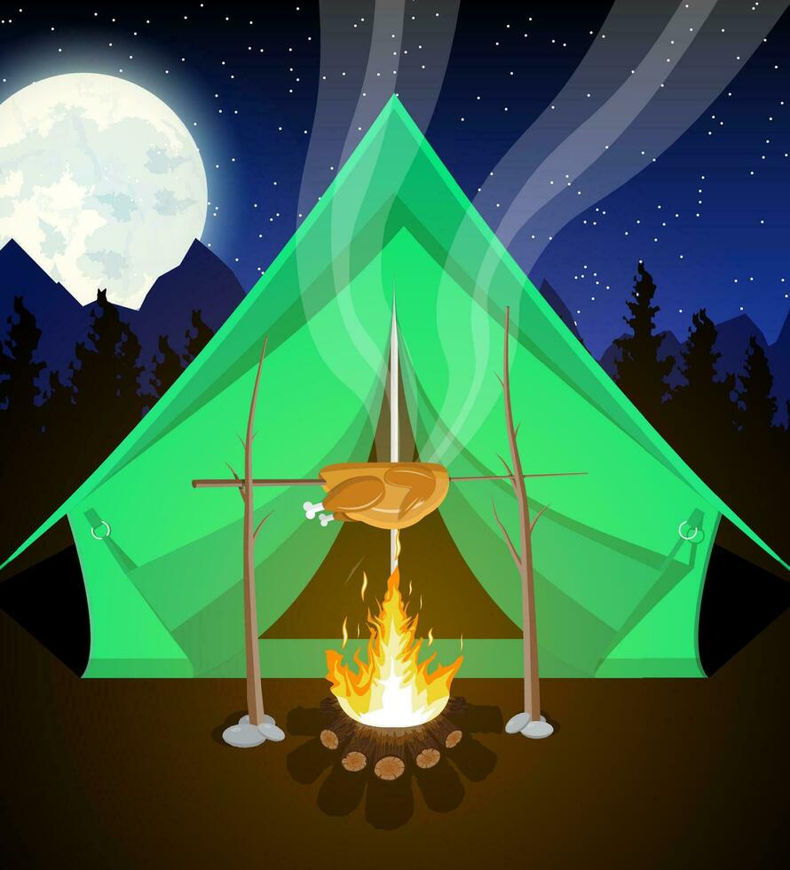 Wiese mit Camping im Nacht. Zelt, Lagerfeuer, gebraten Huhn, Berge, Bäume, Himmel, Mond und Sterne. Vektor Illustration im eben Stil