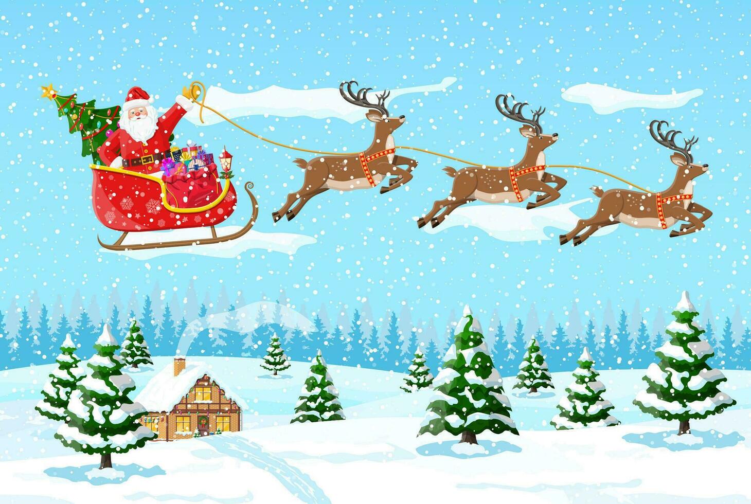 Weihnachten Hintergrund. Santa claus Fahrten Rentier Schlitten. Winter Landschaft mit Tanne Bäume Wald und schneit. glücklich Neu Jahr Feier. Neu Jahr Weihnachten Urlaub. Vektor Illustration eben Stil