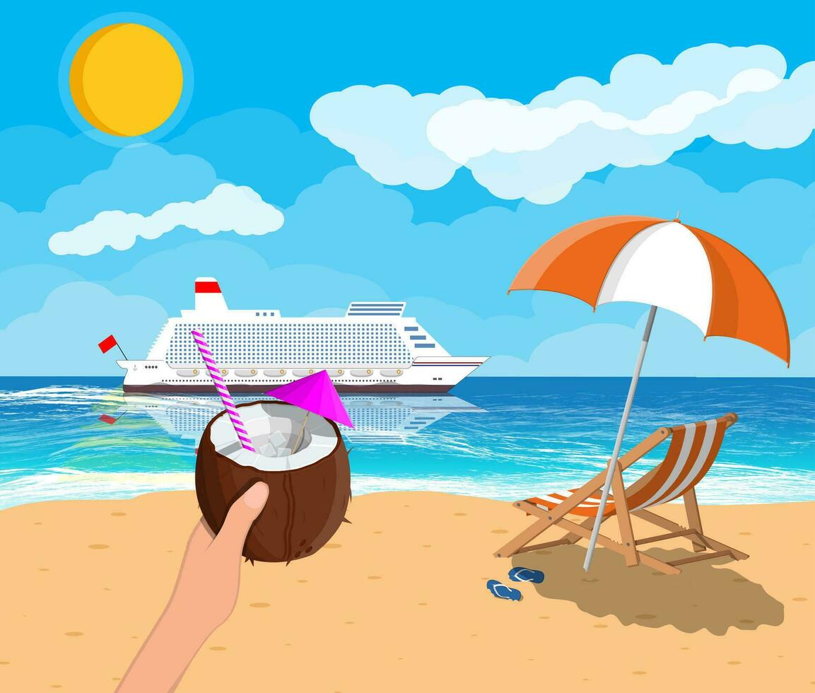 Kokosnuss mit kalt trinken, Cocktail im Hand. Landschaft von hölzern Chaise Salon, Regenschirm, Flip Flops auf Strand. Kreuzfahrt Liner Schiff. Sonne mit Betrachtung im Wasser und Wolken. Vektor Illustration eben Stil