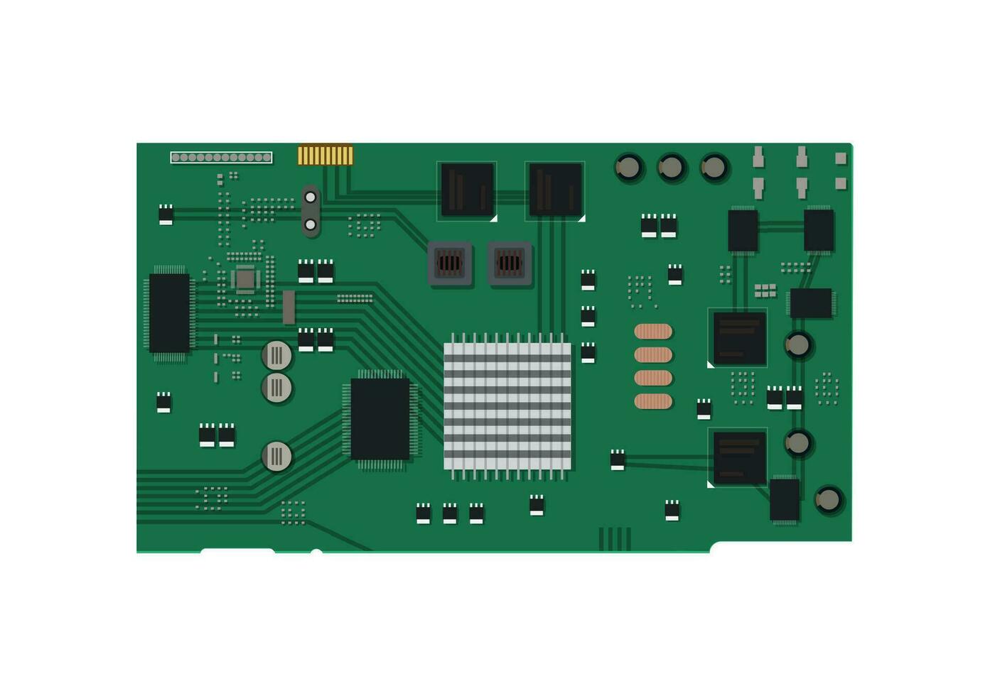 elektrisch Schaltkreis Tafel mit verschiedene Chips und elektronisch Komponenten. Vektor Illustration im eben Stil