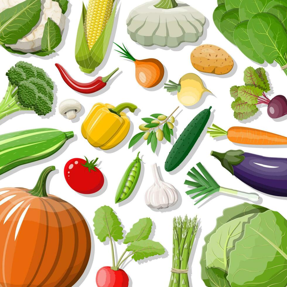 groß Gemüse isoliert Symbol Satz. Zwiebel, Aubergine, Kohl, Pfeffer, Kürbis, Gurke, Tomate Karotte und andere Gemüse. organisch gesund Lebensmittel. Vegetarier Ernährung. Vektor Illustration im eben Stil