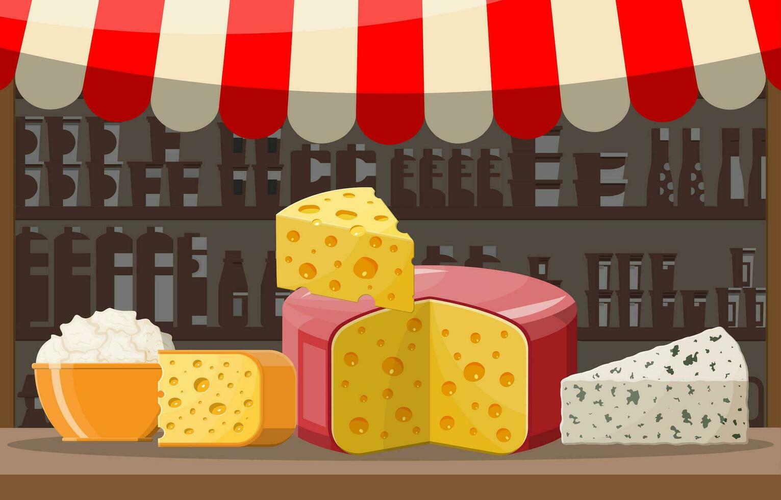 Käse Straße Markt Geschäft Stall. Farmer Geschäft oder Vitrine Schalter. ganze und Stück von Käse Hütte isoliert auf Weiß. Milch Molkerei Produkt. organisch gesund Lebensmittel. Vektor Illustration im eben Stil