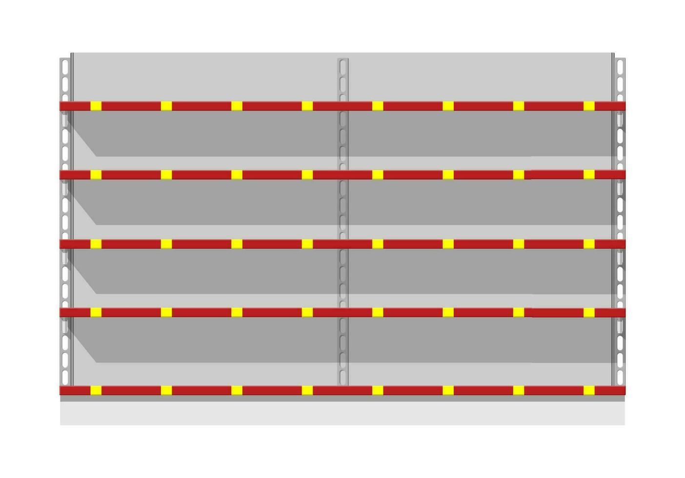 leeren Supermarkt Vitrine. Verkauf Plastik Regale zum Produkte. Geschäft Regal, Warenhaus Gestell. Geschäft und Einkaufszentrum Möbel. Vektor Illustration im eben Stil