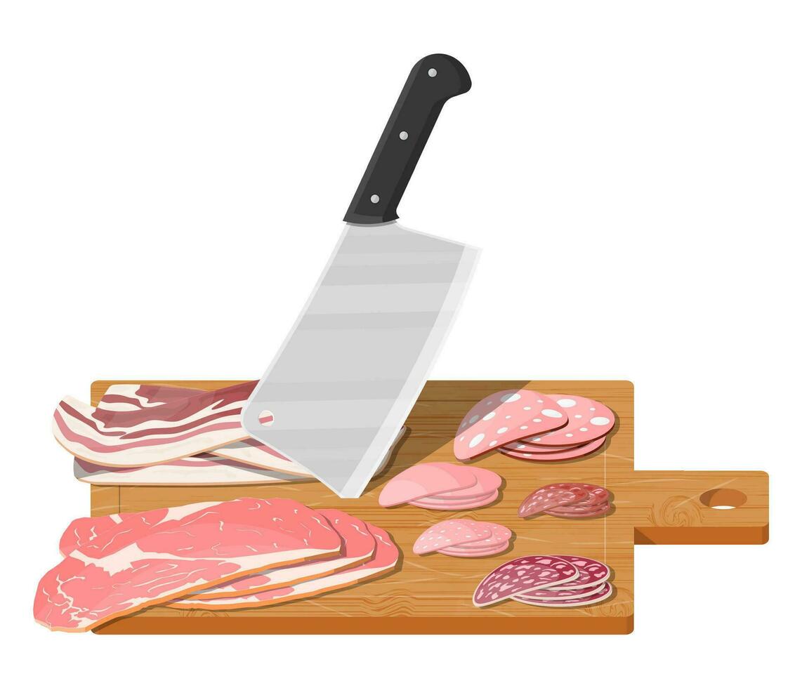 Fleisch Steak Würstchen gehackt auf hölzern Tafel mit Küche Messer. Schneiden Planke, Metzger Hackmesser und piace von Fleisch. Utensilien, Haushalt Besteck. Kochen, Geschirr. Vektor Illustration eben Stil