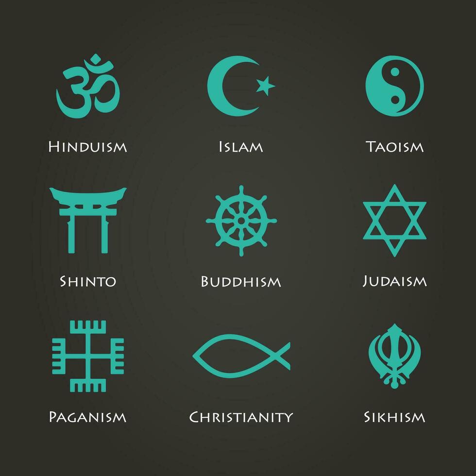 värld religion symboler cyan Färg uppsättning med kristen, judisk, islam etc vektor illustration