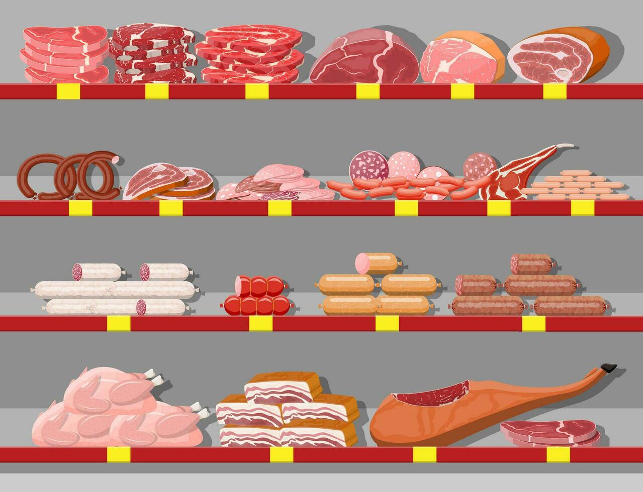 kött Produkter i mataffär hylla. kött Lagra slaktare affär monter disken. korv skivor produkt. delikatesser gastronomisk produkt av nötkött fläsk kyckling salami. vektor illustration platt stil