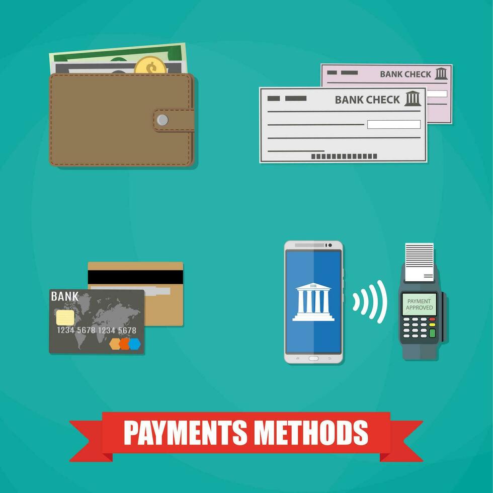 Bank Karte, Brieftasche mit Geld Kasse Münze, Bank überprüfen, nfc Stil Zahlung zwischen Smartphone und pos Terminal. Zahlung Methoden Symbole. Zahlung Konzept. Vektor Illustration eben Design auf Grün Hintergrund