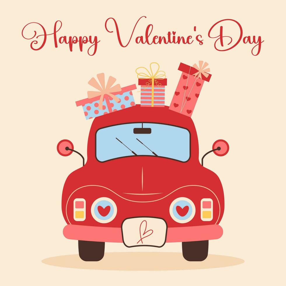 rot Auto mit Geschenk Kisten auf oben. glücklich Valentinsgrüße Tag Karte. Liebe retro Wagen. Karikatur eben Vektor Illustration.