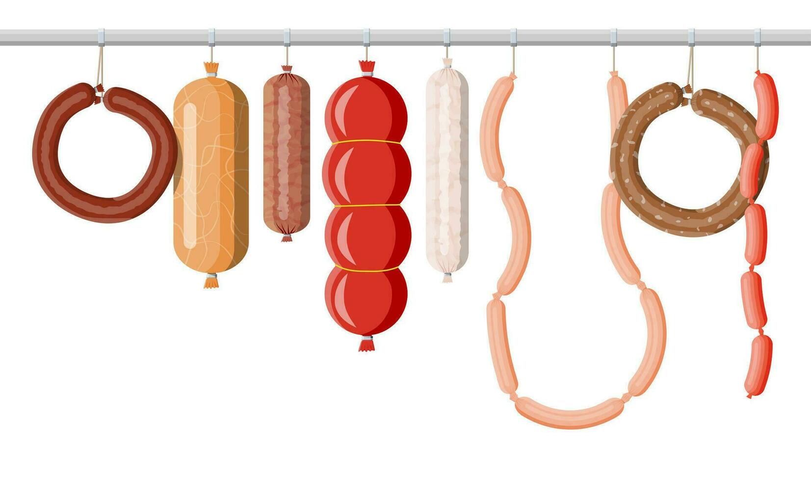 Fleisch Würstchen Sammlung. Schnitt Würstchen Scheiben mit fett. gekocht geräuchert Fleisch Produkt. Delikatessen gastronomisch Produkt von Rindfleisch, Schweinefleisch oder Hähnchen. Peperoni oder Salami. Vektor Illustration im eben Stil