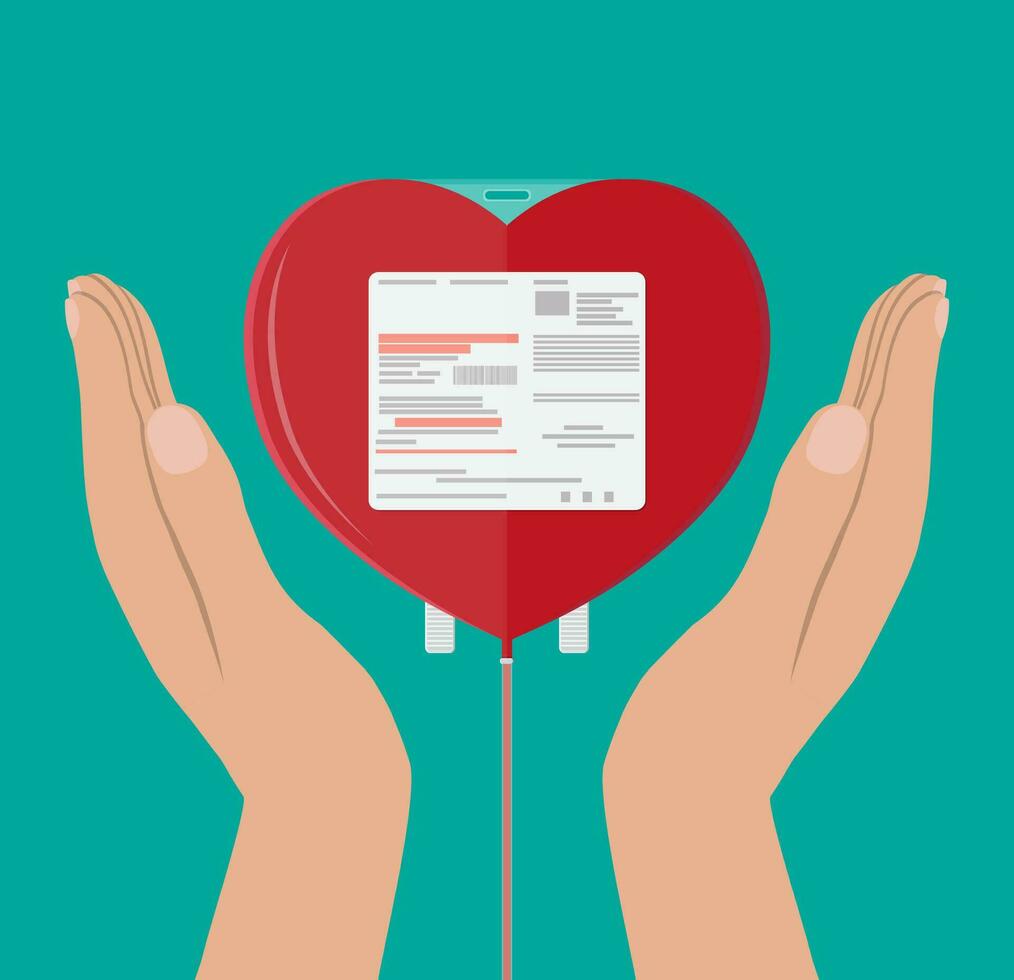 hand av givare med hjärta. blod donation dag begrepp. mänsklig donerar blod. vektor illustration i platt stil.