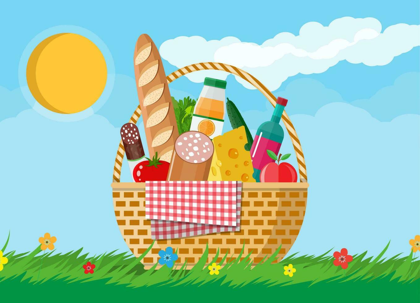 korg- picknick korg full av Produkter. vin, korv, bacon och ost, äpple, tomat, gurka, sallad, orange juice. gräs, blommor, himmel med moln och Sol. vektor illustration i platt stil