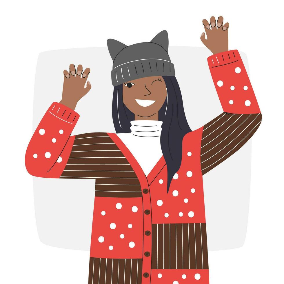 spielerisch jung Erwachsene Mädchen im Katze Hut und hässlich Pullover. ziemlich einheimisch amerikanisch Frau Porträt im Jahrgang texturiert Strickjacke. komisch weiblich Weihnachten Charakter Hand gezeichnet eben Vektor Illustration isoliert