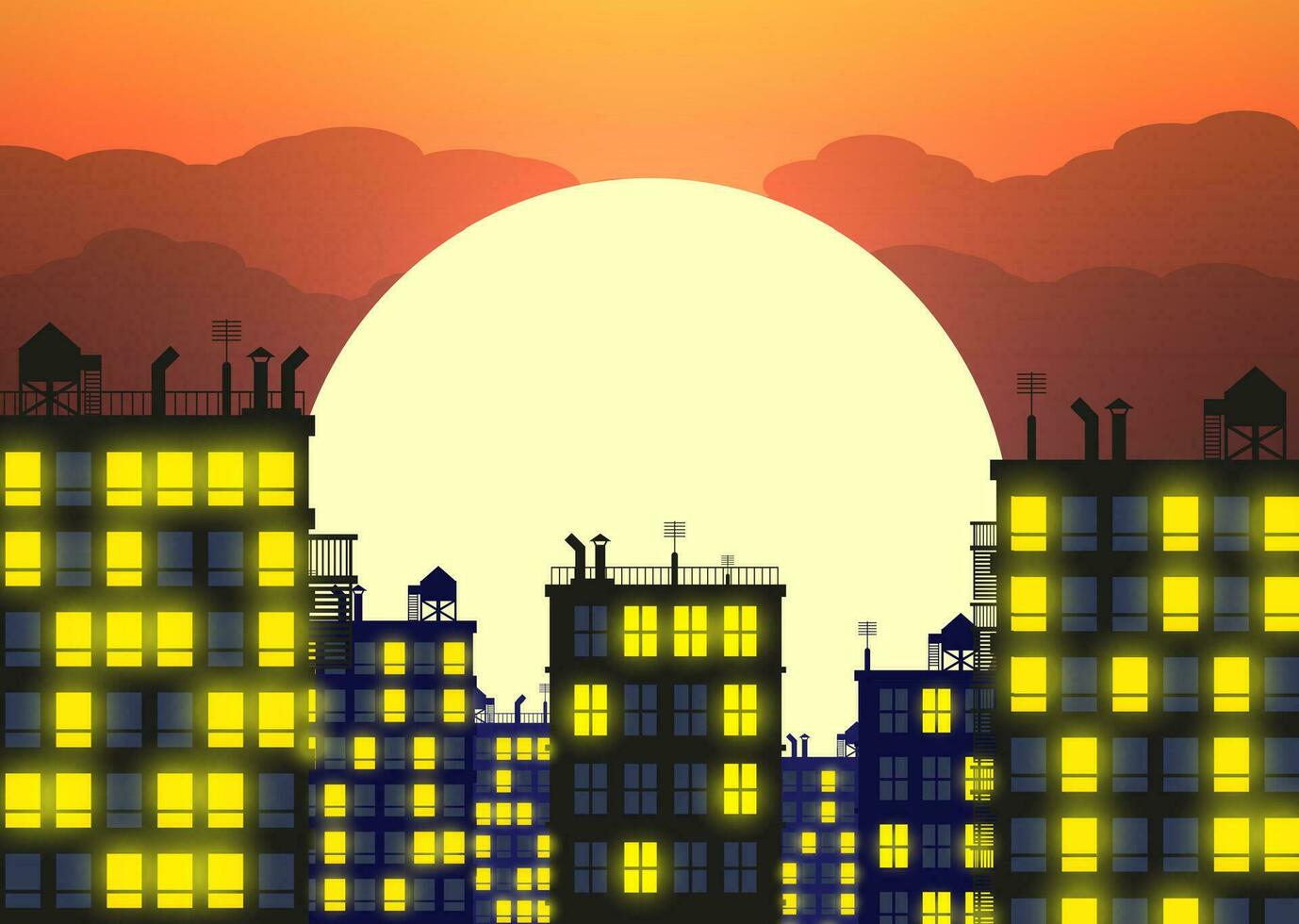 Silhouette von das Stadt im spät Abend, Gebäude Dächer und Abend Himmel mit Rahmen Sonne. Vektor Illustration