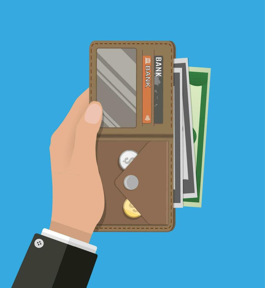 Mensch Hände und geöffnet braun Leder Männer Brieftasche mit Anerkennung Karten und Dollar Kasse. Vektor Illustration im eben Design auf Blau Hintergrund