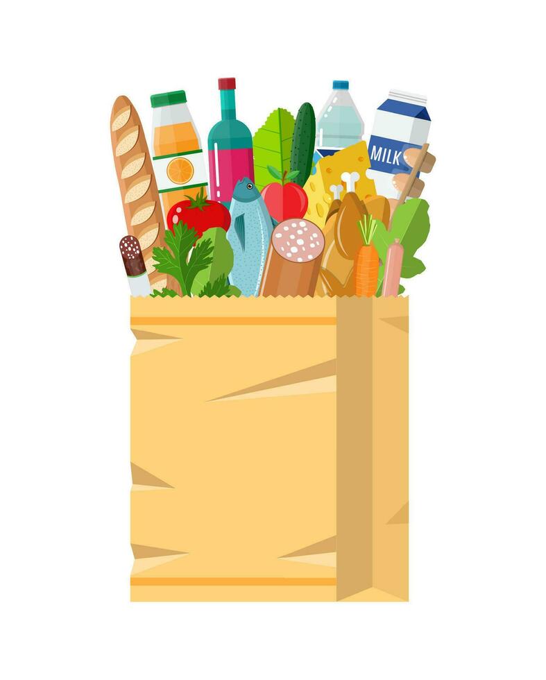 Papier Einkaufen Tasche voll von Lebensmittel Produkte. Lebensmittelgeschäft speichern. Vektor Illustration im eben Stil