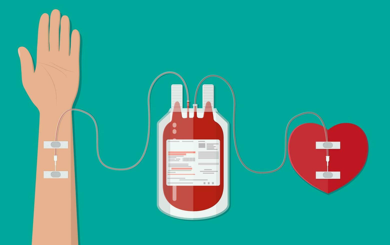 Blut Tasche und Hand von Spender mit Herz. Blut Spende Tag Konzept. Mensch spendet Blut. Vektor Illustration im eben Stil.