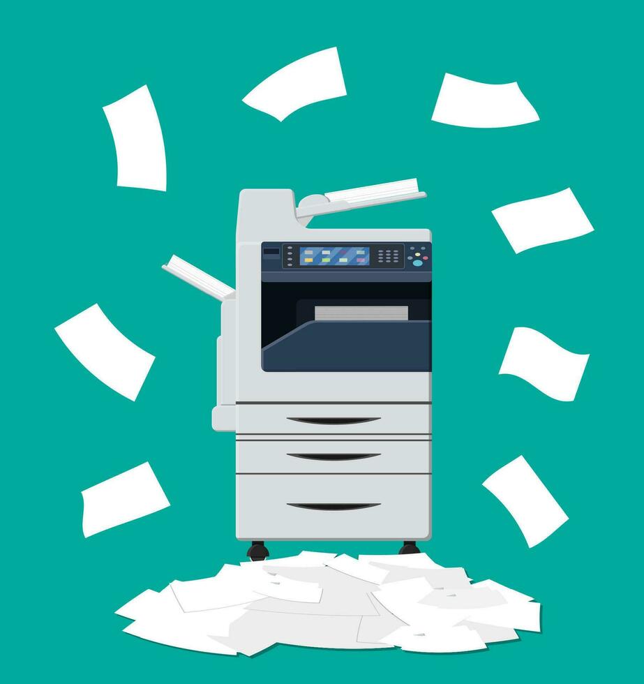 Büro Multifunktion Maschine. Stapel von Papier Unterlagen. Bürokratie, Papierkram, Büro. Drucker Kopieren Scanner Gerät. professionell Drucken Bahnhof. Vektor Illustration im eben Stil