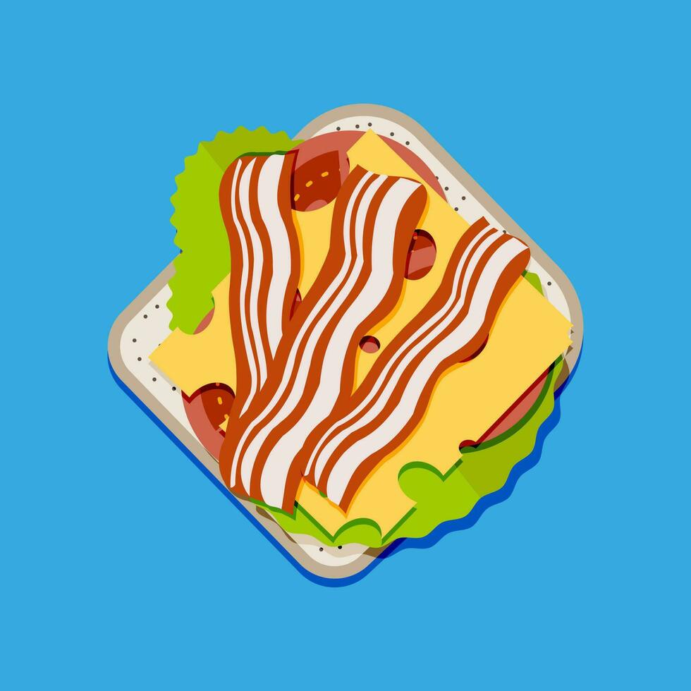 Sandwich oben Sicht. Toast brot, Tomate, Schinken, Salat und Käse. Vektor Illustration im eben Stil auf Blau Hintergrund