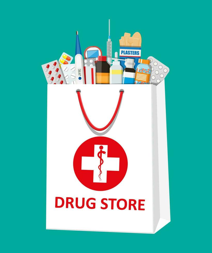 vit handla väska med annorlunda medicinsk piller och flaskor, sjukvård och handla, apotek, läkemedel Lagra. vektor illustration i platt stil