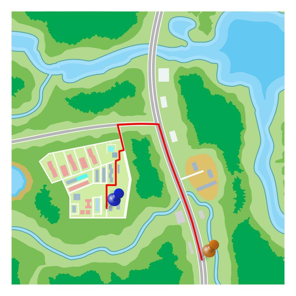 abstrakt generisch Vorort- Stadt Karte mit Route Linie, Straßen, Gebäude, Parks, Fluss, See. GPS, Navigation. Vektor Illustration im eben Design