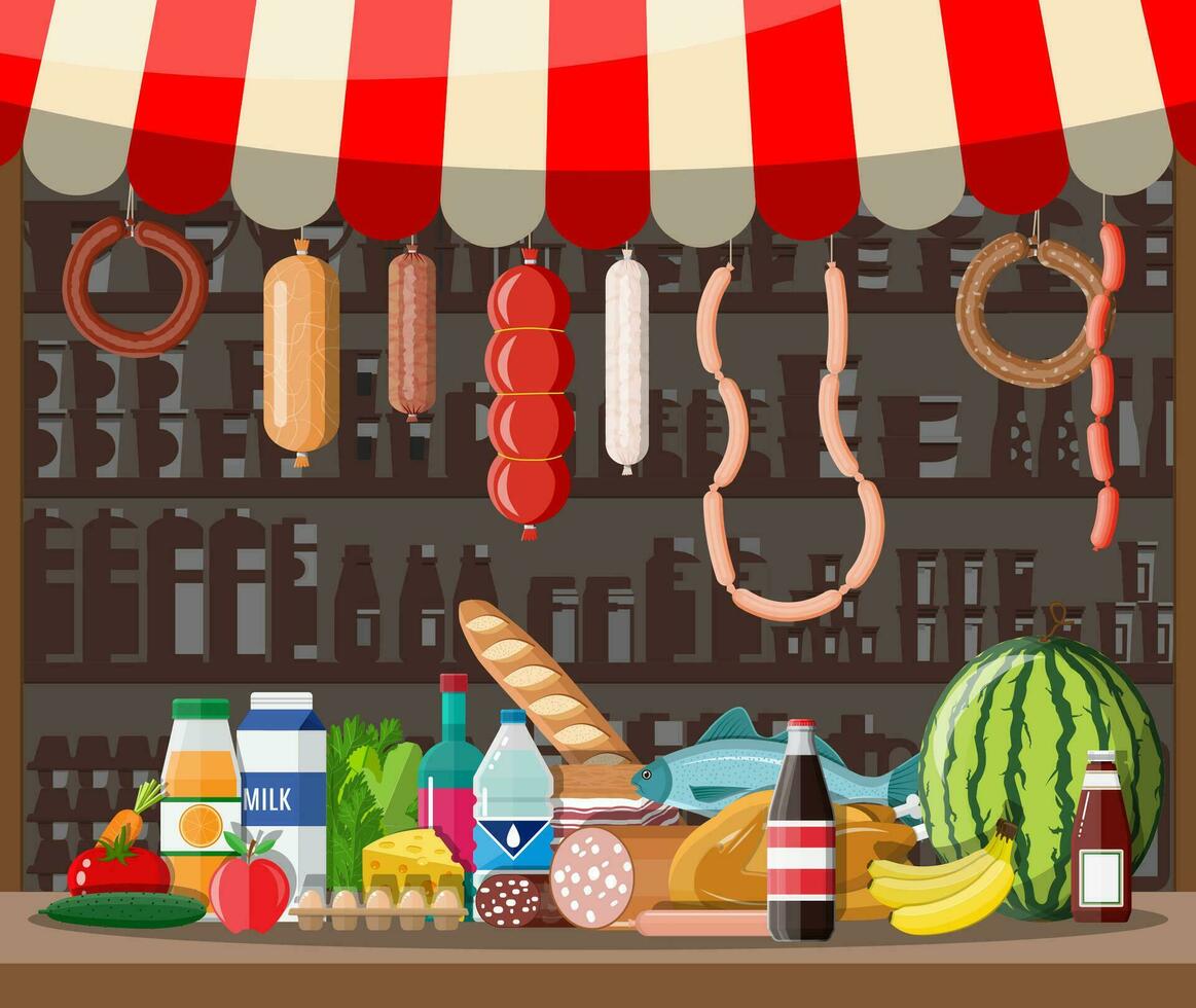 Markt Geschäft Innere mit Waren. groß Einkaufen Einkaufszentrum. Innere Geschäft innen. Auschecken Schalter, Lebensmittelgeschäft, Getränke, Essen, Früchte, Molkerei Produkte. Vektor Illustration im eben Stil