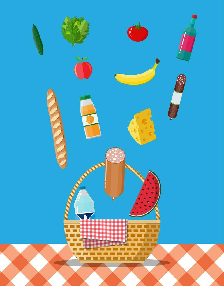 korg- picknick korg med gingham filt full av Produkter. flaska av vin, korv, bacon, ost, äpple, tomat, gurka, sallad, orange juice. vektor illustration i platt stil