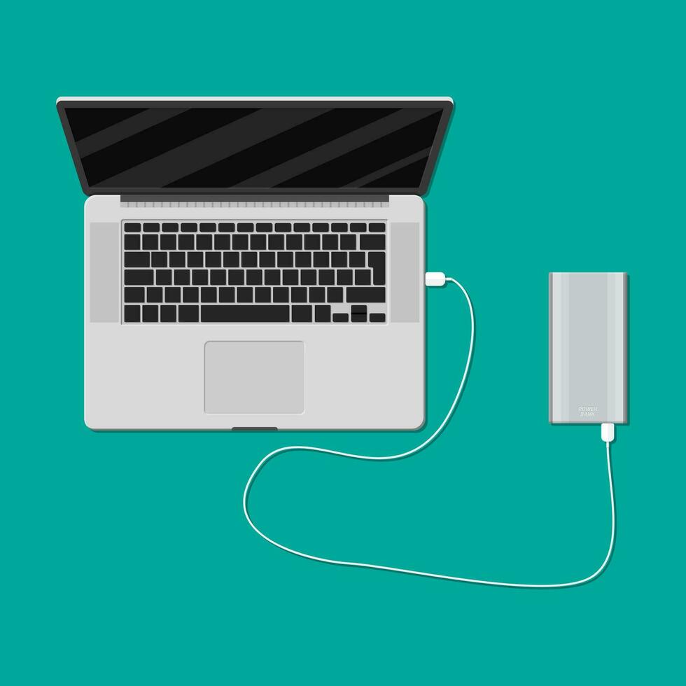 Laptop eingesteckt und Laden von Powerbank USB Hafen. Vektor Illustration im eben Stil