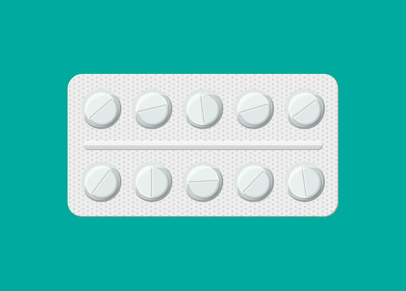 Blase mit Tabletten zum Krankheit und Schmerzen Behandlung. Paket von runden Tablets. medizinisch Arzneimittel, Vitamin, Antibiotikum. Gesundheitswesen und Apotheke. Vektor Illustration im eben Stil