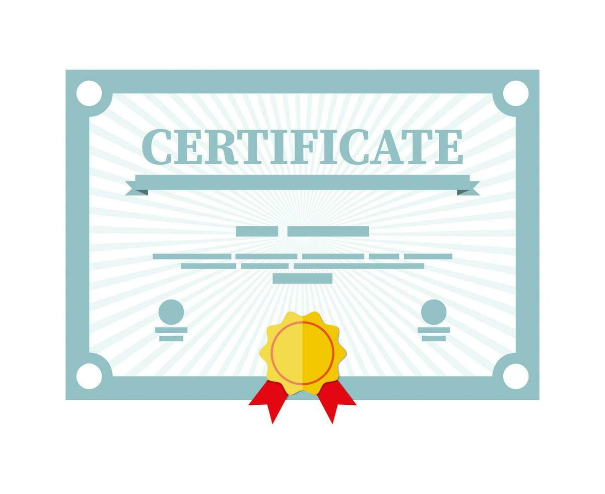 Zertifikat Vorlage. Diplom oder Akkreditierung mit Gelb Briefmarke und rot Bänder. Gutschein oder Einladung. Abschluss Konzept. Vektor Illustration im eben Stil