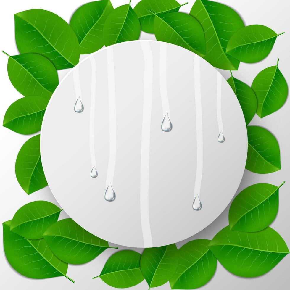 grön löv bakgrund och silcer cirkel Plats för text i Centrum med vatten droppar, eco begrepp, vår färsk, vektor illustration