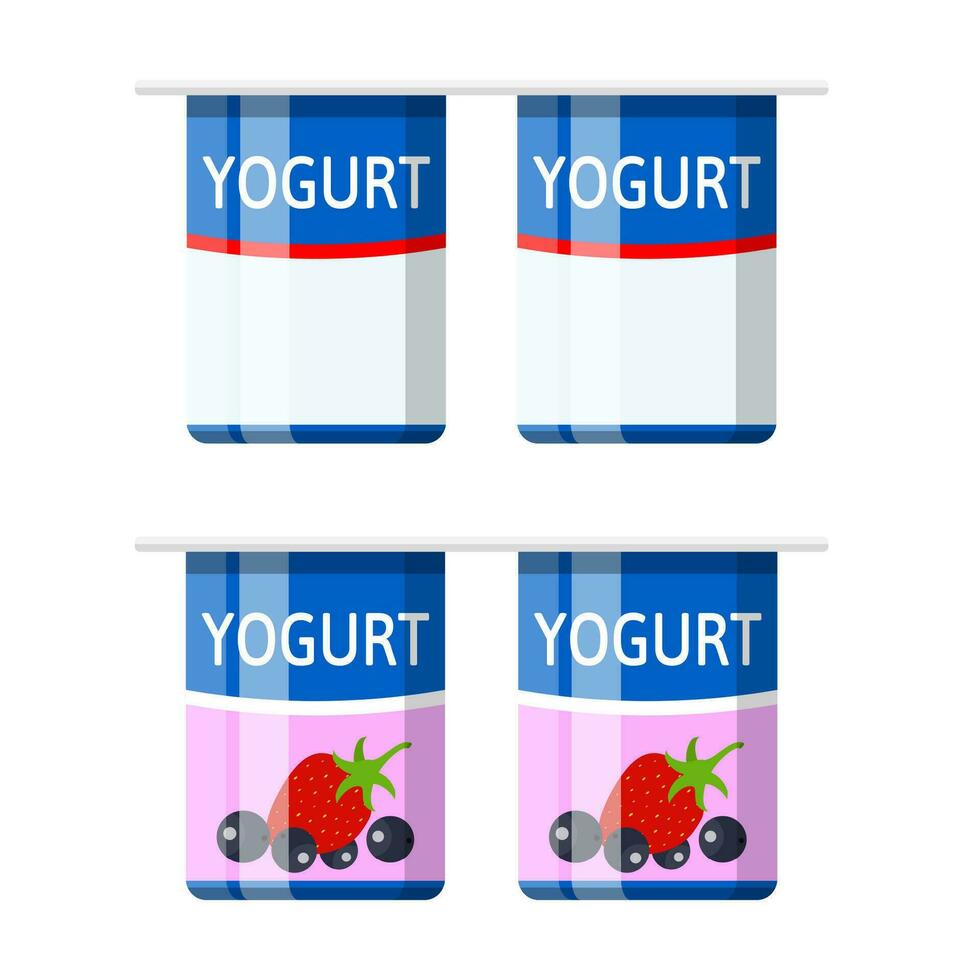 plast behållare med yoghurt. jordgubb svart vinbär yoghurt efterrätt. mat plast glas. mjölk produkt. organisk friska produkt. vektor illustration i platt stil
