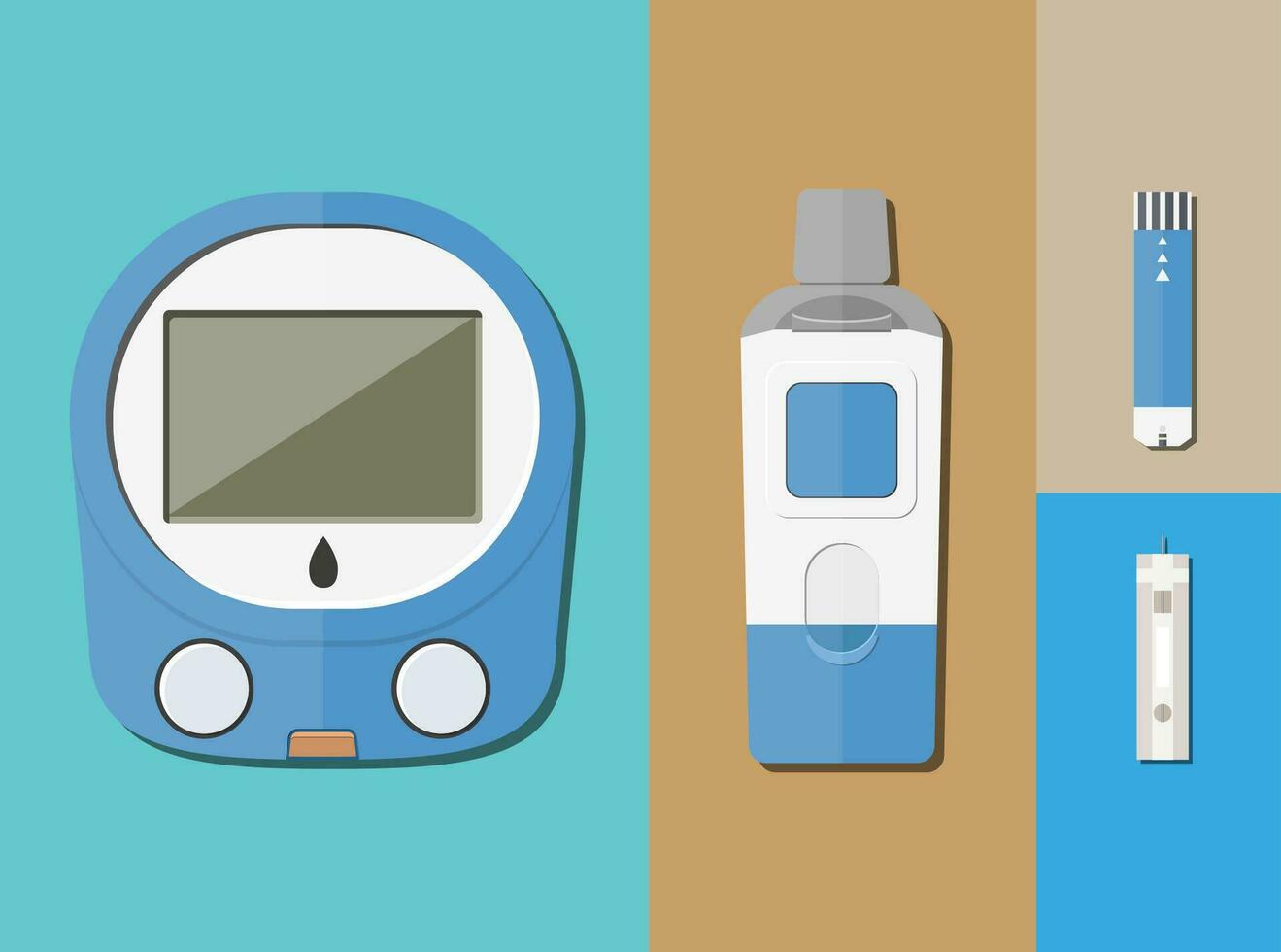 Glucose Meter und Zubehör einstellen mit Lanzette Gerät, Glucose Elektrode Streifen. Vektor Illustration im eben Design