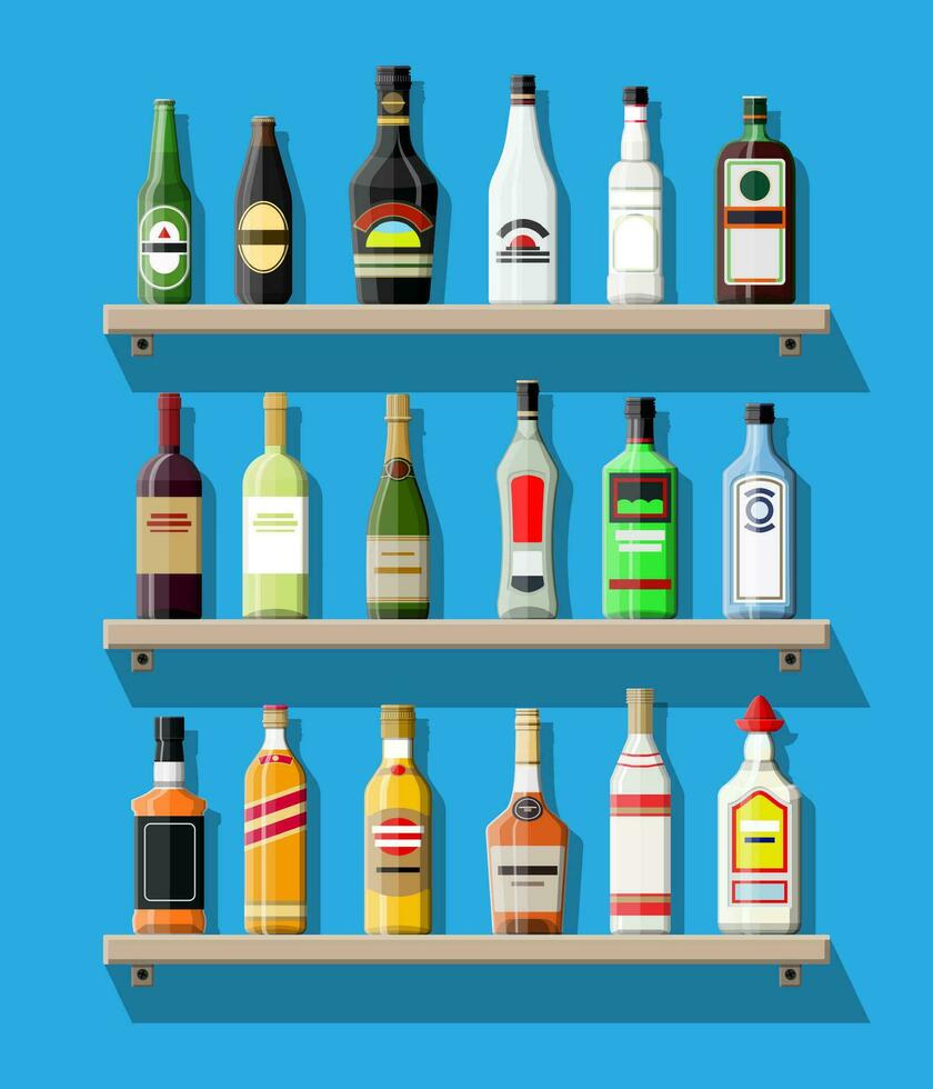 alkohol drycker samling. flaskor på hylla. vodka champagne vin whisky öl brandy tequila cognac sprit vermouth gin rom absinthe sambuca cider bourbon. vektor illustration i platt stil.