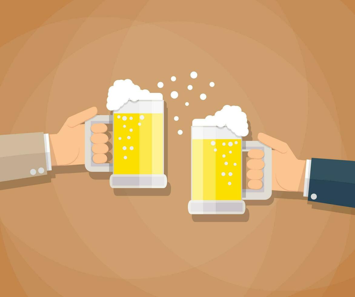 tecknad serie affärsman händer toasting glasögon av öl. företag framgångsrik och partnerskap begrepp. vektor illustration i platt design på brun bakgrund