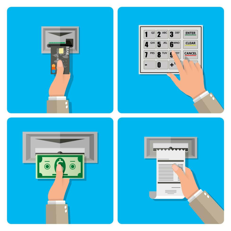 Bankomat terminal användande begrepp i fyra steg. hand skär en kreditera kort in i bankomat, hand rattar stift koda, hand tar de pengar från de bankomat, hand tar mottagande. vektor illustration i platt design