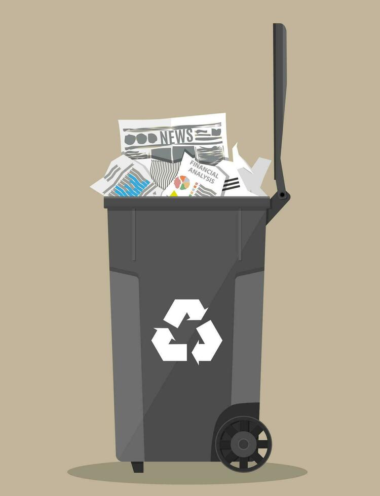 skräp återvinna bin behållare för sopor full av papper. bin för papper. vektor illustration i platt design
