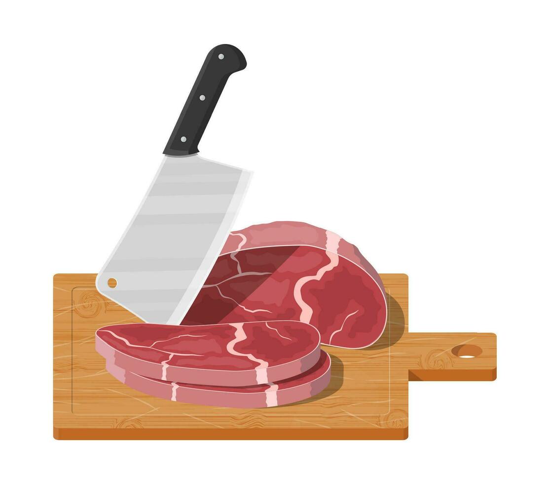 Fleisch Steak gehackt auf hölzern Tafel mit Küche Messer. Schneiden Planke, Metzger Hackmesser und piace von Fleisch. Utensilien, Haushalt Besteck. Kochen, inländisch Geschirr. Vektor Illustration im eben Stil